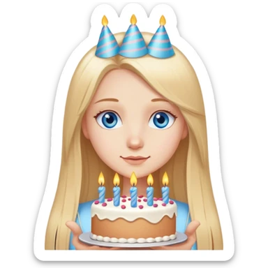 Straight long blonde hair blue eyes girl holding birthday cake sticker