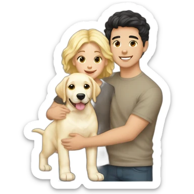 gay couple, 1 white straight australian blackhair-slightly-curly-holding one light yellow labrador retriever puppy sticker