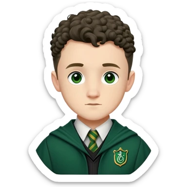 Josh Herdman is Gregory Goyle in harry potter, wear hogwarts slytherin uniform, curly short hair sticker