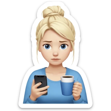 Cartoon emoji of a Scandinavian-looking woman with light blonde hair, pale skin, blue eyes. Portrait mode. Messy bun, tired eyes, tense face. Holding phone and coffee, rushed posture. Clearly busy, overwhelmed, slightly miserable. Smooth, simple, stylized sticker