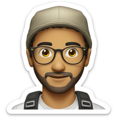 young arab man no beard with fishing hat, clear gold glasses and pro camera sticker