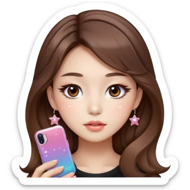 “korean straight brown hair Emoji girl, soft eyeliner and blush, gradient lips, light brown shimmer eyeshadow, sparkly aegyo-sal, long wavy hair,  sticker