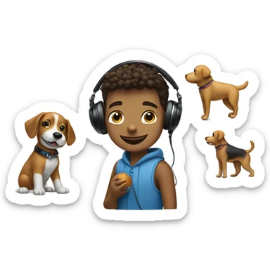 A boy playing with a dog with a ball, while listening to music on airpods and flying a drone sticker