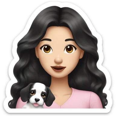 stunning asian woman black long wavy hair, light pink lips holding happy puppy sticker
