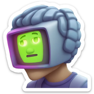 A person looking at a computer with neon-like fluorescent light shining on their face. sticker