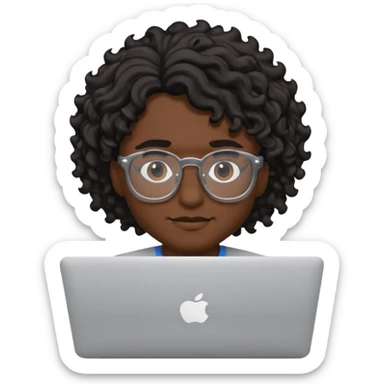 guy with wavy kinda curly black hair and skin cream and glasses, with a macbook sticker