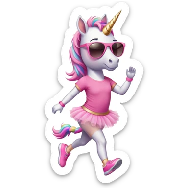 friendly anthropomorphised female unicorn in tutu and pink t-shirt, wearing dark sunglasses, jogging upright in relaxed pose sticker