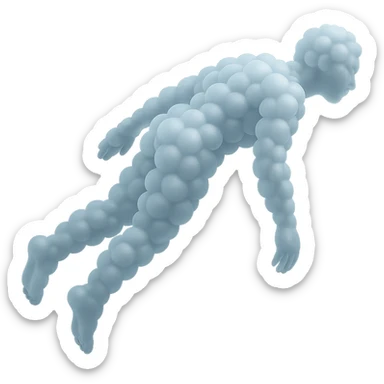 side view of unconscious person flying upwards by torso, legs and arms downwards, made of small very bright white fluffy convex clouds, matte glass style sticker