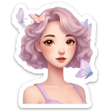 Gorgeous pastel anime style lady with blushing face and butterflies aesthetic trending style sticker