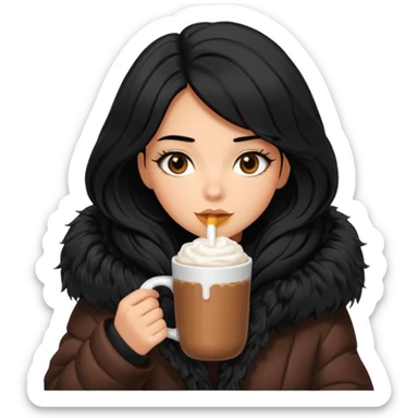 Tanned Girl with lashes , black hair, in an extremely big fluffy oversized jacket, and drinking hot chocolate drink sticker