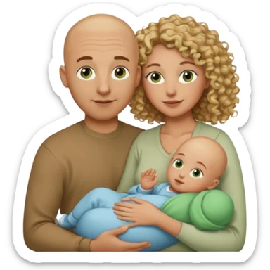 Un hombre calvo de ojos marrones con su mujer rubia de pelo rizado y ojos verdes sosteniendo un bebé niño de pelo rizado moreno y de ojos marrón verdoso sticker