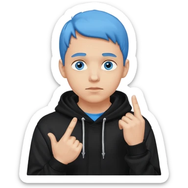 man in black hoodie in thinking pose, blue eyes, right hand raised, index finger touching his chin, eyes looking up to the top right sticker