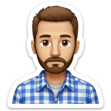 Skinny Puerto Rican man in his mid-50s with light skin. Thin face with defined features. Messy, disheveled brown hair. Untidy brown beard. Wearing a blue and white checkered button-up shirt that looks loose on his slim frame. sticker