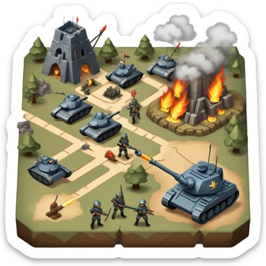 An icon showing a strategic battle scene with a top-down view of an army, inspired by classic strategy games. The interface displays unit icons, a minimap, and resource counters. Soldiers and siege weapons engage in combat on detailed terrain. Transparent background. sticker