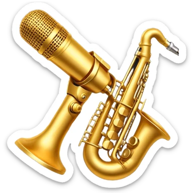 Create a vibrant emoji representing jazz vocal performance. The design should feature a vintage microphone, with musical notes swirling around it, symbolizing the improvisational and expressive nature of jazz singing. Add subtle elements like a jazz trumpet and saxophone in the background to represent the ensemble often accompanying jazz vocals. Include a set of piano keys or a grand piano in the design to reflect the jazz club atmosphere. Use warm, rich colors like deep gold, black, burgundy, and silver to create a soulful and elegant vibe. The background should be transparent. sticker