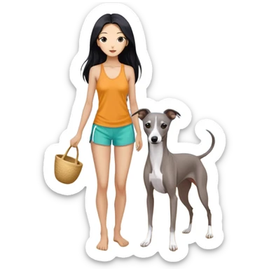 Slim Chinese woman with long black hair in appropriate beach attire at the beach with her completely solid grey Italian greyhound, ocean and sand visible, the dog has absolutely no white markings anywhere sticker