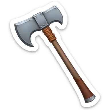 barbarian axe object icon, huge double-bladed axe, rough metal, wooden handle, leather wraps, fantasy style, 3D cartoon, mobile game icon style, centered, clean background, soft shadow, no text, no watermark
 sticker