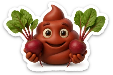 emoji stile iphone 3d di una cacca rossa con barbabietole in mano, iperrealistiche 4k sticker