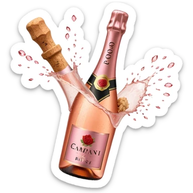 bottle of sparkling rosé champagne with a rose logo on the label, with a cork exploding out from the top, tilted up and to the left, no glass sticker