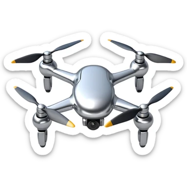 A futuristic drone emoji made of polished silver chrome, smooth rounded body, minimal propellers, reflective metallic surface, soft studio lighting, iOS emoji style, centered, clean white background sticker