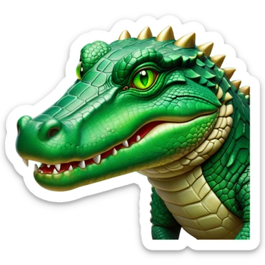 Cinematic Noble Crocodile Portrait Emoji, Poised and regal, with a powerful, elongated build and a rugged, scaly emerald-green hide, piercing cold eyes, Simplified yet sharp and sophisticated features, highly detailed, glowing with a soft, dignified glow, high shine, intelligent and formidable, stylized with an air of ancient might, focused and attentive, soft glowing outline, capturing the essence of a watchful and commanding reptile, so majestic it feels as though it could silently slide out of the screen with effortless authority! sticker