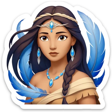 Cinematic Elegant Pocahontas Portrait Emoji, Standing serenely with a blue wind swirl around her, soft feathers in her hair, a tranquil yet powerful gaze, beauty beyond time, an ethereal aura of connection with nature, regal and enchanting! sticker