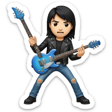 3D Apple-style emoji of a metal musician. Long hair, black leather jacket, ripped jeans, holding an electric guitar. Intense expression, glossy, rounded, smooth, soft shadows, white background.










 sticker