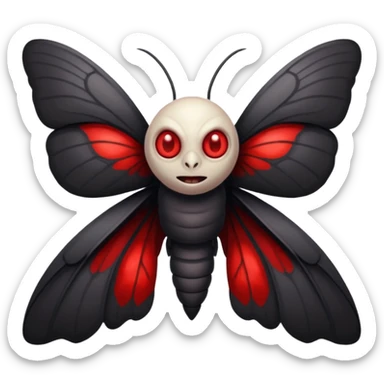 Create a scary emoji of the mothman with bright red eyes and as depicted in the legend. Make it less bird like and more Moth / Human hybrid sticker