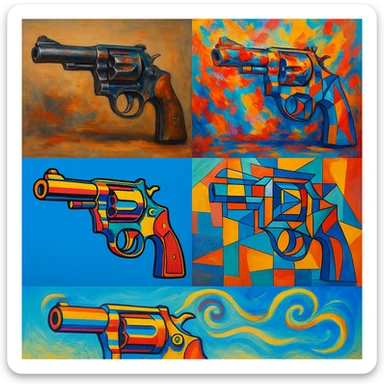 gun, various artistic styles, different interpretations sticker