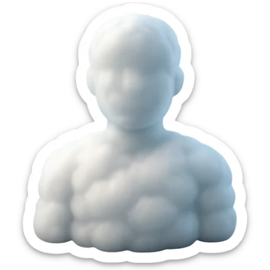 person looking straight, fully made of white fluffy convex clouds, shoulders, matte glass style sticker