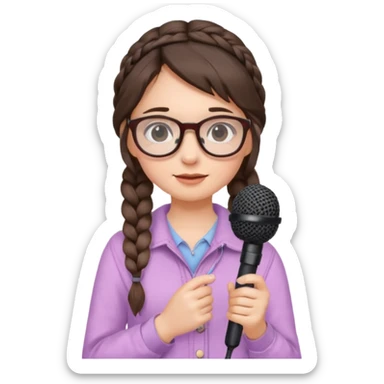 A shy braid brunette singer girl in pastel clothes with glasses, holding the mic with both hands. sticker