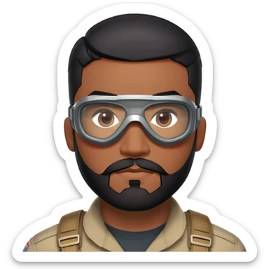 sam wilson with  short, neatly cropped black hair and a well-groomed beard that connects to his mustache,  wear sleek, red-tinted tactical goggles fit snugly from captain america: civil war sticker