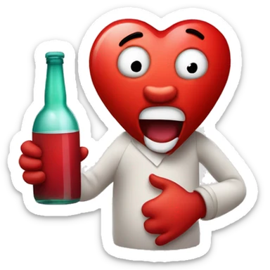 A red heart ❤️ with eyes, a mouth, and hands, looking drunk and tipsy, holding a bottle of drink, with a wobbly and goofy expression sticker