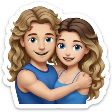 Women with blue eyes and very long, brown blond balayage curled hair in the arms of a man with strong arms a straight face, a very sexy man blue eyes. They are laughing at each other. He has dark brown hair: A fade haircut down to skin and is light skinned  sticker