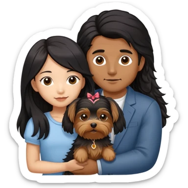 A couple holding holding a small Yorkshire Terrier together. The girl is an Asian girl with long, luscious wavy black hair (loose, no hair tie). She is standing beside a brown-skinned man with a middle part haircut.  sticker