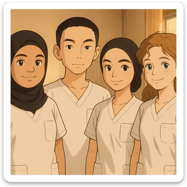 Quatre étudiants infirmiers côte à côte, ambiance chaleureuse, en intérieur, style Ghibli, tenues uniformes blanches à manches courtes sans col, sans sous-pull ni stéthoscopes. Hauts de type tunique médicale, col en V, poche poitrine côté gauche. Visages et attitudes inspirés des quatre photos jointes, composition différente. sticker