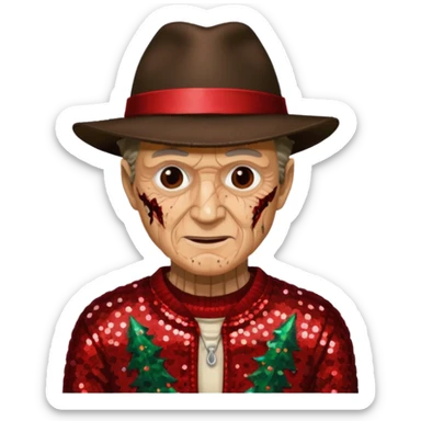 Freddy Krueger with tan burned skin, red sequin sweater, dark brown sequin jacket and hat sticker