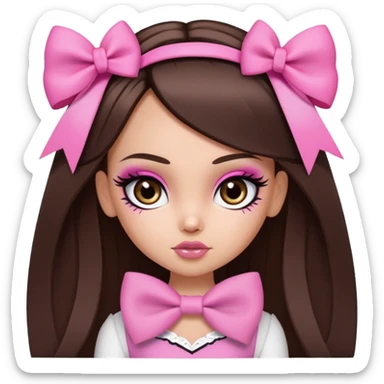 pretty bratz baddie, long straight hair brunette baddie with eyeliner and brown eyes and small pink bow sticker