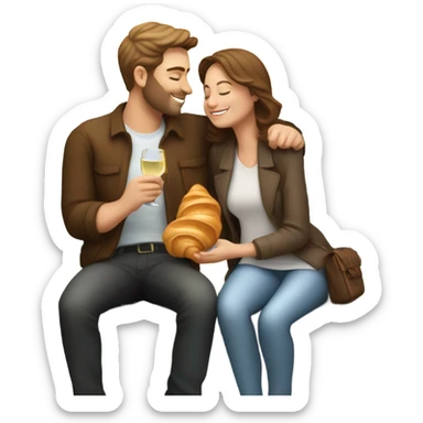 couple of white people with brown hair, sitting closely on a park bench, enjoying a romantic moment. One person is holding a croissant, and the other is holding a glass of Prosecco.  sticker