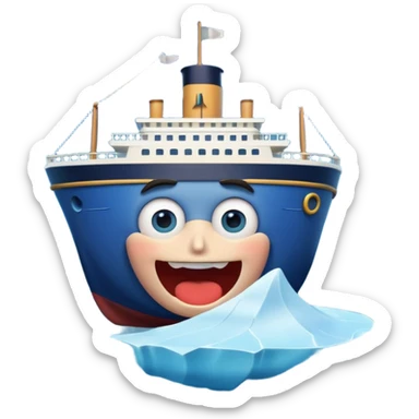 3D Apple Memoji style: Titanic ship with a shocked face (big eyes, open mouth), cartoon realism, glossy finish, sailing toward a large mischievous iceberg emoji, white-blue, shiny, Pixar-level rendering, calm dark blue sea, moonlit sky, vivid colors, soft shadows. sticker