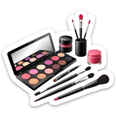 icon featuring professional makeup brushes, a high-quality lipstick, a sleek eyeshadow palette, a makeup sponge and a set of tools like tweezers and eyeliner pencil. The design highlights the precision and artistry of makeup with detailed textures and realistic lighting. Transparent background. sticker