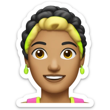 Tanned woman with black hair dressed in 1980s fitness hair, makeup, and neon attire  sticker