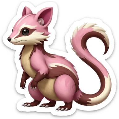 Rare realistic brown-scaled pink, white beige edgy badass epic pretty beautiful handsome gorgeous aesthetic colorful vibrant Vernid-Furret-Linoone-Salandit-Amaura-species-Fakemon-creature by LiLaiRa, random markings, (full body) sticker