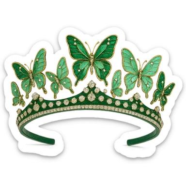 butterfly crown with a forest green base, butterflies in emerald and mint green enamel, sparkling gems sticker