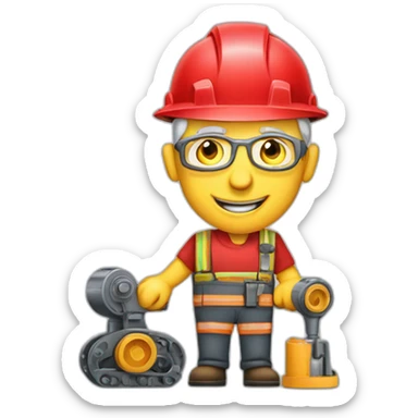 Industrial professional senior mechanical assembler working on the assembly of heavy machinery with a red outfit sticker