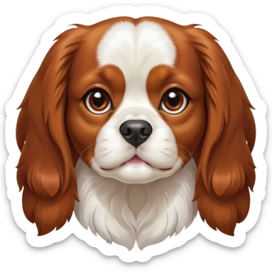 Cinematic Cute Blenheim Cavalier King Charles Spaniel Portrait Emoji, Head tilted playfully and inquisitively, silky Blenheim coat with warm chestnut and crisp white patches, round, sparkling brown eyes filled with curiosity, Simplified yet irresistibly adorable features, highly detailed, glowing with a warm, friendly glow, high shine, affectionate and lively, stylized with a touch of whimsy, bright and endearing, soft glowing outline, capturing the essence of a mischievous yet loving pup, so playful it feels like it could pounce out of the screen and into your arms! sticker