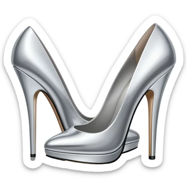 A pair of high heel shoes emoji made of polished silver chrome, elegant sharp silhouette, smooth metallic surface, glossy reflections, luxury sexy vibe, minimalistic iOS emoji style, centered, clean white background sticker