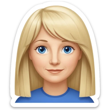 50 yr old white woman, curtain bangs, very long straight blond hair, oval face, small smile, blue eyes, thin face, hair down to elbows, round cheeks sticker