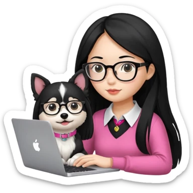 Asian girl with long black hair working on an Apple laptop, next to her is a small black and white dog with pink collar on  sticker