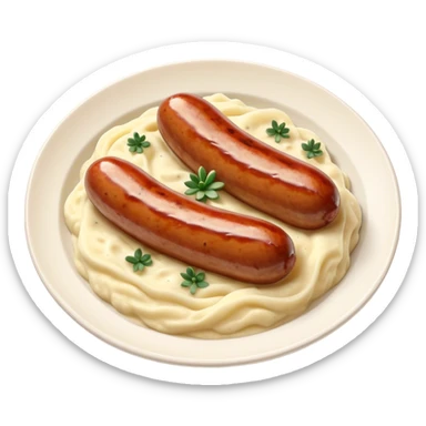 Cinematic Realistic Bangers and Mash Dish Emoji, featuring succulent pork sausages paired with creamy mashed potatoes rendered with detailed textures and natural highlights that emphasize its robust, hearty flavor. sticker